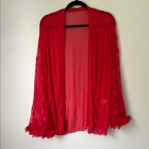 Women’s Red Sheer Sexy Kimono Hearts Long Sleeve Jacket Size 2XL◼️